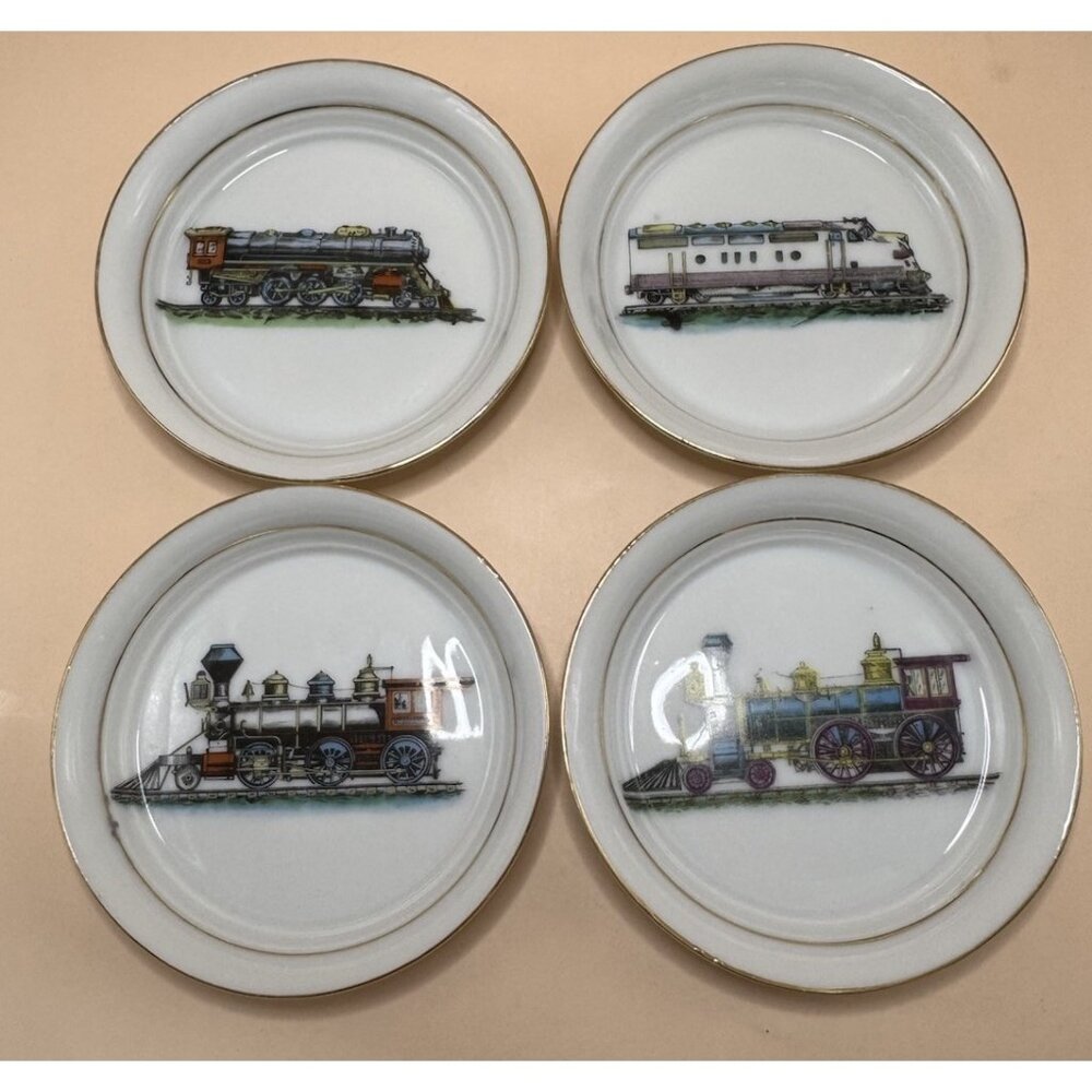 VTG Railroad Train Ceramic Coasters/Dish Lot ESD JAPAN Locomotives- Cool Pieces!